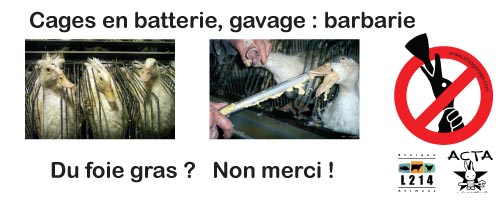 banderole contre le foie gras, L214, SPA et collectifs locaux